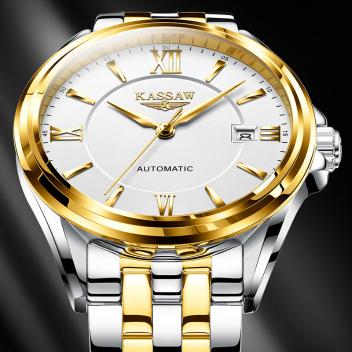 卡梭手表男士全自动机械表 男表精钢防水镂空钢带商务手表金表(黄色)