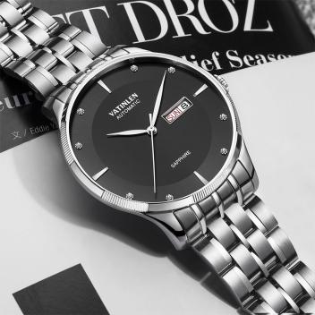 正品瑞士商务防水表镶钻手表精钢带全自动机械男表(白色)