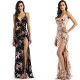 wish速卖通ebay亚马逊新款性感吊带露背长裙深V领开叉拖地连衣裙(170/100A(L))